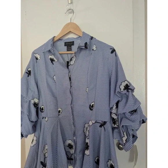 GRACIA Blue Stripe Floral Ruffle Sleeve Asymmetrical Shirt L Bold Statement Glam - Picture 5 of 11